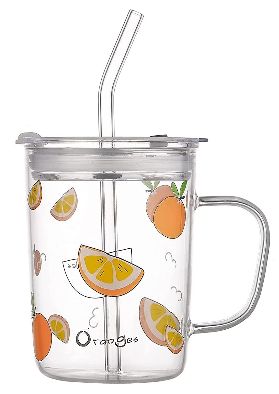 KELVEE Random Design Glass Measuring Drinking Milk Mug with Handle and Clear Lid with Silicone Straw for Girls & Kids Multiple Usage 350 ml (Set of 1)