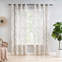 Cortinas Baratas Ikea Treatmentex Cortinas traslúsidas con Estampado de Hojas para salón, Cortinas de Ventana botánicas para guardería, con Textura de Lino Claro, 140 cm Ancho,175 cm Alto, Blanco y marrón Claro 2 Piezas