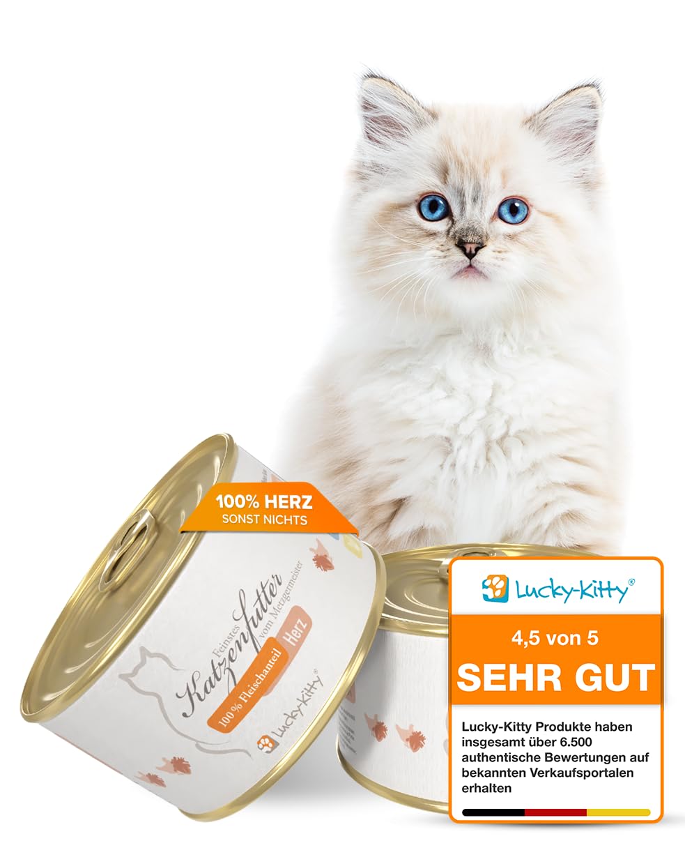 Lucky-Kitty Katzenfutter Nass 100% Hühnerherzen, Ohne Zusätze, 16 x 200g | Ohne Getreide & Zucker, Frisch vom Metzger, Für Katzen & Kitten, Nährstoff- und Vitaminreich, Made in Germany