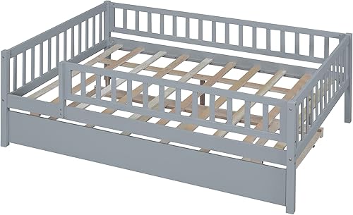 Miniatura 9 de Harper & Bright Designs Sofá cama de tamaño matrimonial con nido, marco de cama de madera para niños con rieles, no necesita somier, fácil montaje