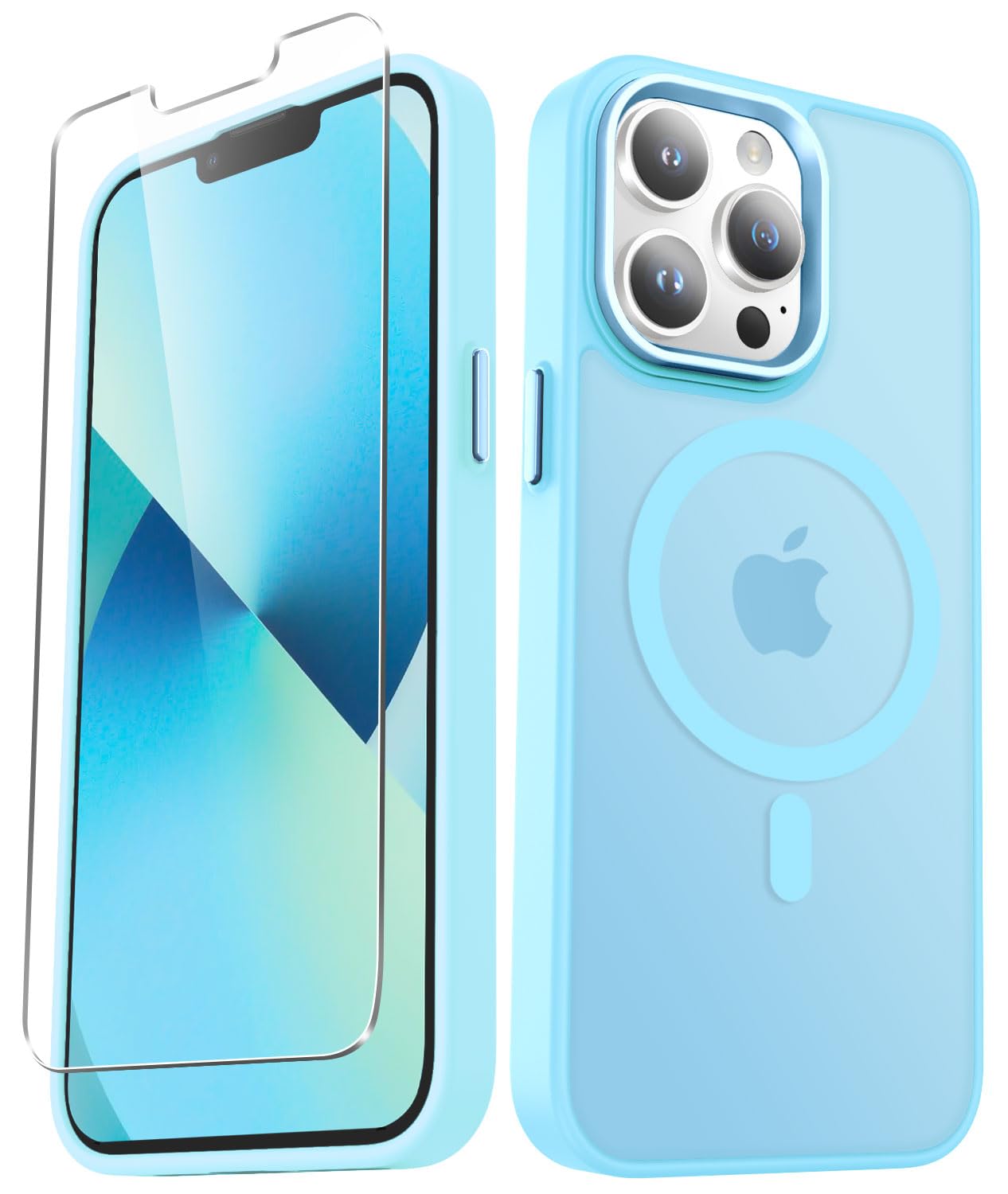 for iPhone 13 Pro Max Case, Matte Magnetic Phone Case with 1 Screen Protector, Support for Magsafe, Translucent Frosted Slim Shockproof Protective Cover for iPhone 13 Pro Max 6.7 inch, Light Blue