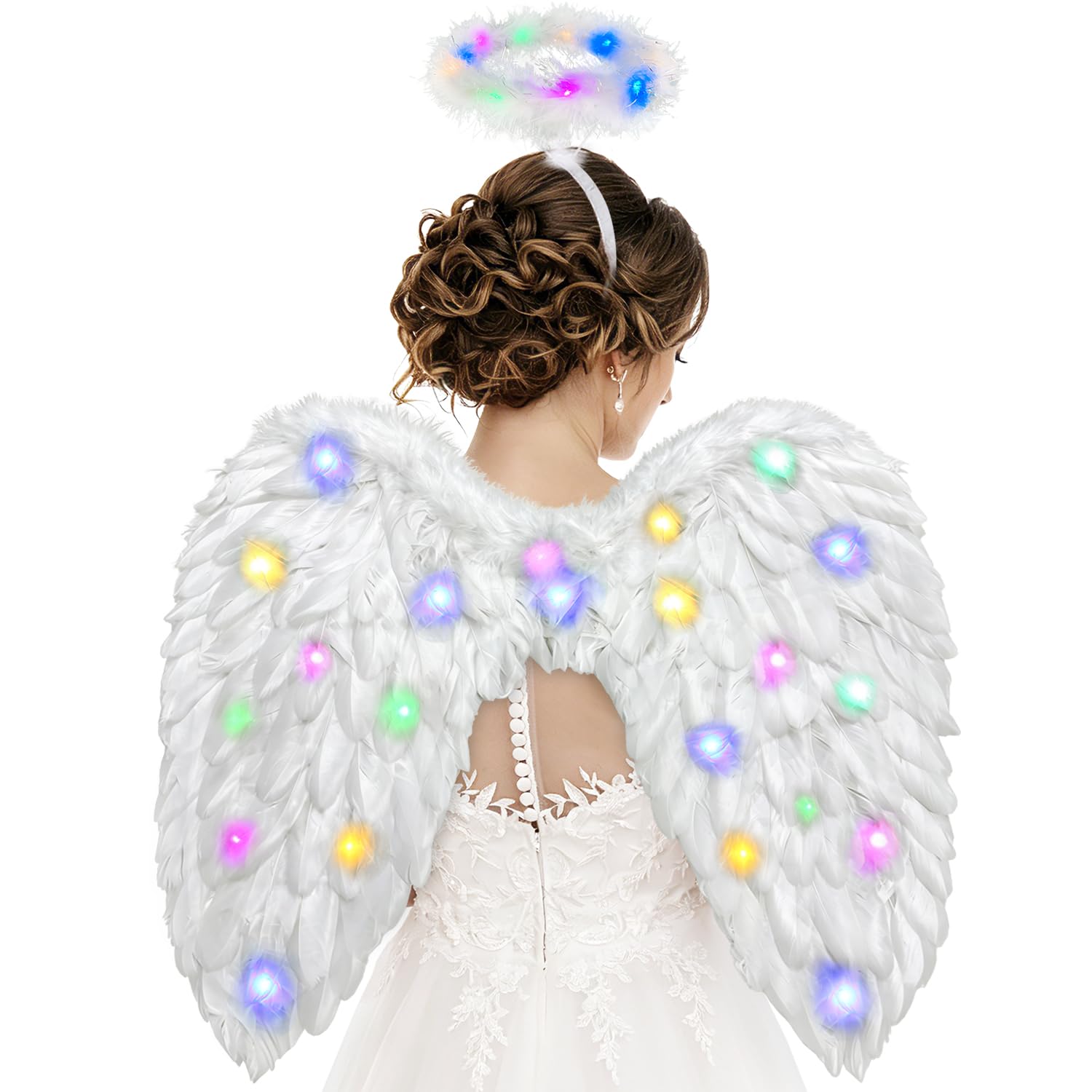 Ptesuply Angel Wings, Light Up Angel Wings and Halo, Adult Angel Costume for Women Girls Kids Halloween Christmas Party (Colorful)