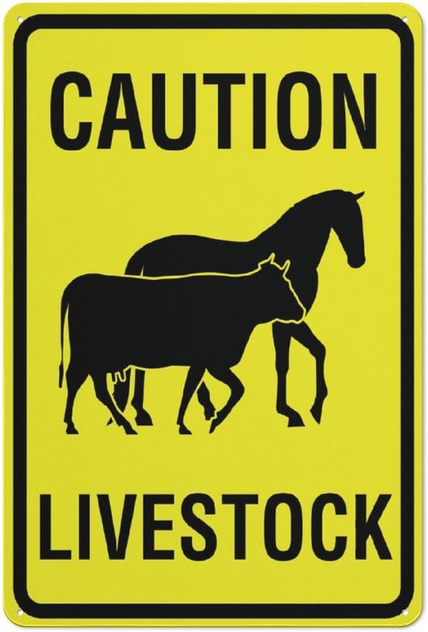 Caution Livestock Horse and Cow Bright Yellow Rust Free Aluminum Sign - Pre-Drilled Holes for Fence/Door Mounting in Home Farm, Ranch - 12x8 Inch​
