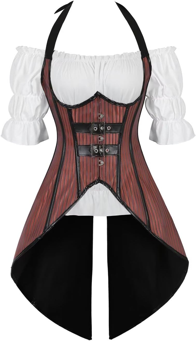 Pirate Costume Adult Renaissance Vest Underbust Corset Long Top White Blouse Halter Neck