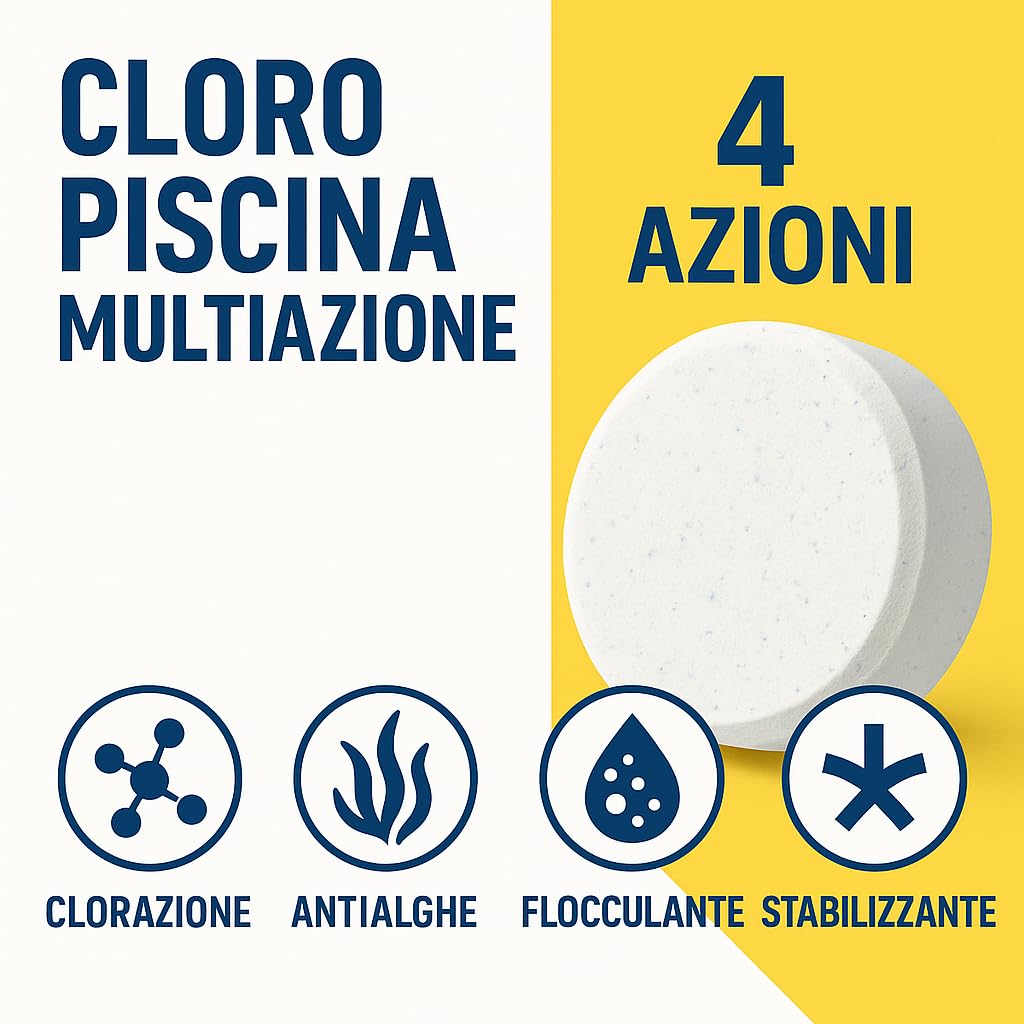 CLORO PISCINA MULTIAZIONE PASTIGLIE 200G – Tricloro 4 Azioni a Lenta Dissoluzione – Antialghe, Flocculante e Stabilizzante – Formati 1kg, 5kg, 25kg (5 Kg)