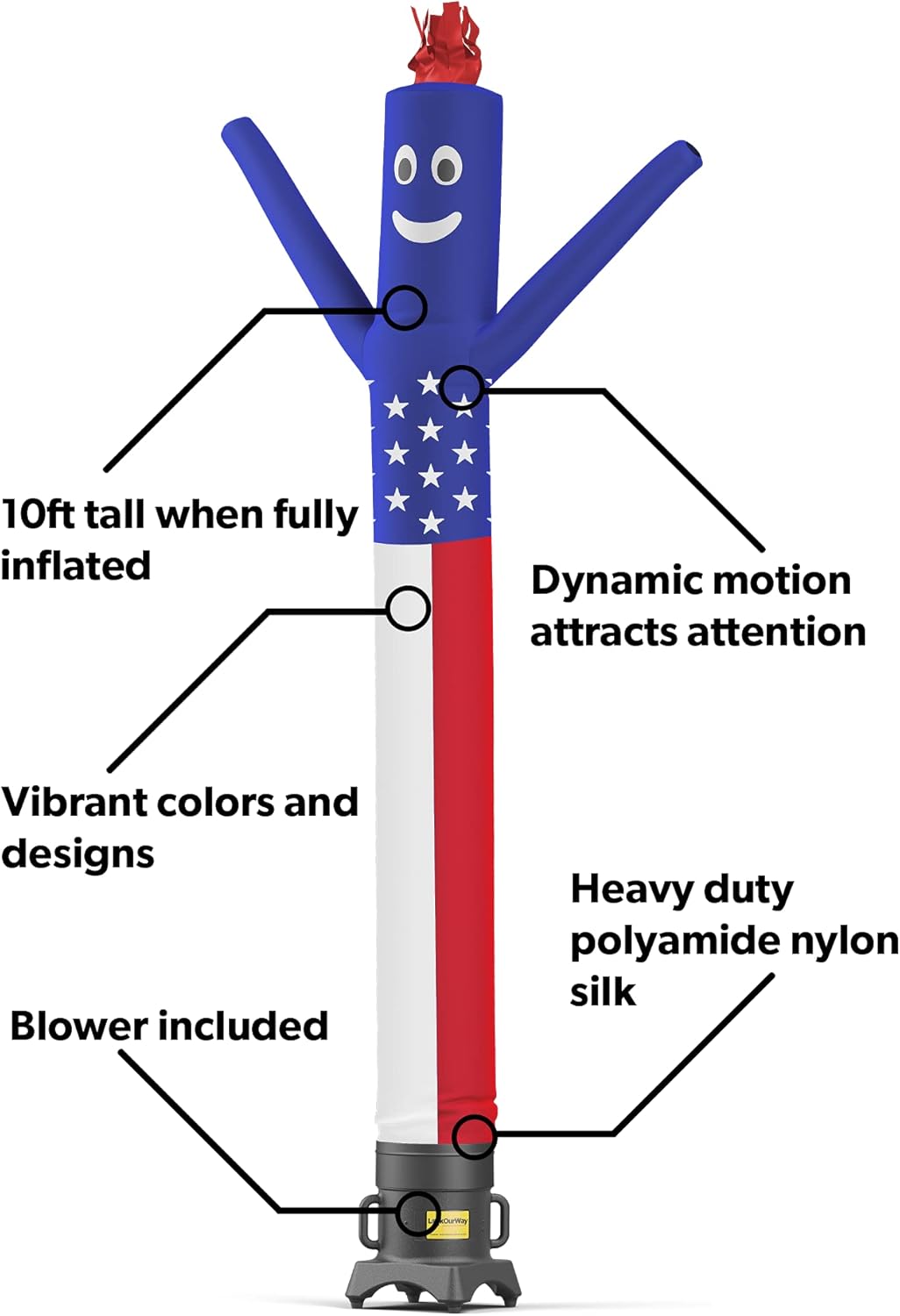 LookOurWay 10ft Air Dancers Inflatable Tube Man Set and Extra 10ft Tube Man Attachment - American Flag Theme