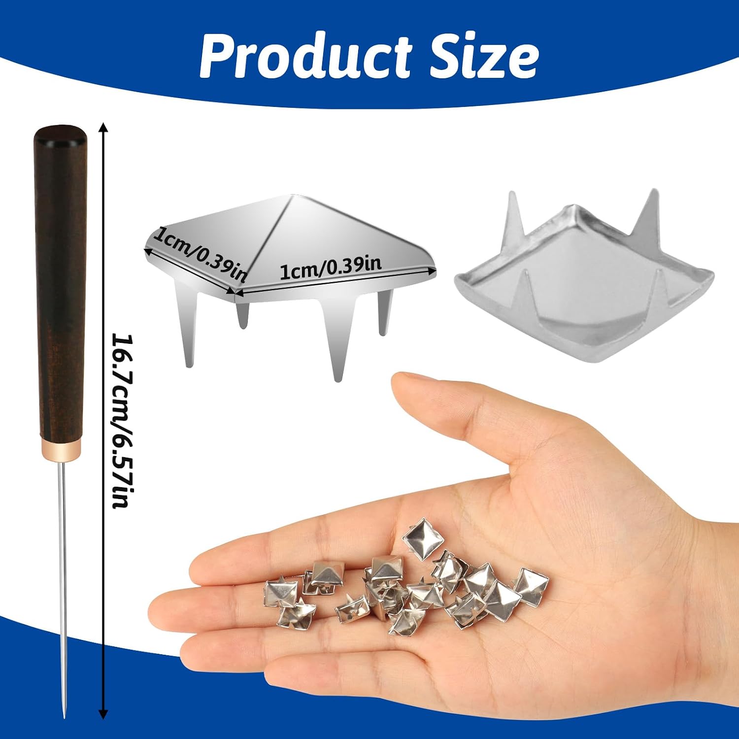 1300 Pieces 10 mm Silver Pyramid Studs for Clothing, Four-jaw Square Metal Studs for Crafts, Spike Studs for Leather Crafting, Bags, Shoes, Dog Collars with Awl