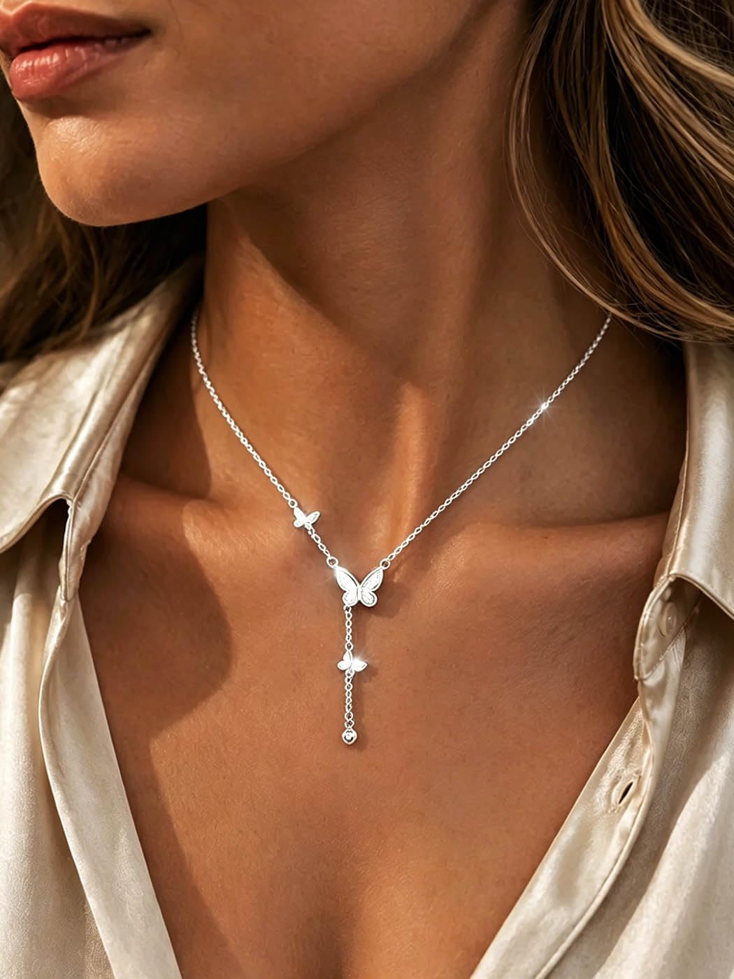 925 Silver Sterling Lariat Necklace for Women Dainty Butterfly Short Y Necklaces Chain Minimalist Necklace Jewelry Gifts
