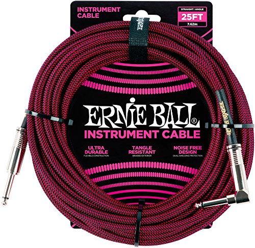 Image of Ernie Ball Braided Instrument Cable, Straight /Angle, 25ft, Red /Black (P06062)