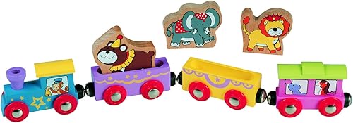 Miniatura 1 de maxim enterprise, inc. Tren de circo para niños con motor de vapor, 2 coches, caboose, 3 animales de madera, colorido juego de ferrocarril de madera