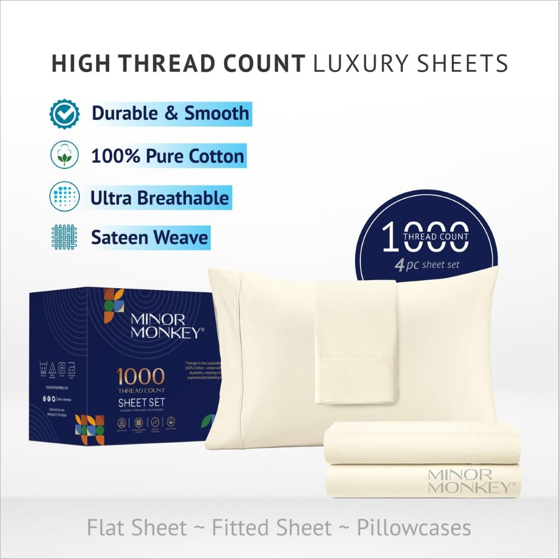 100% Egyptian Cotton Cal. King Size Sheets - 4 PC Bedsheet Set Soft Breathable & Cooling Sheets for Cal. King Bed - Elasticized 16" Deep Pocket Sheet Set (Ivory)