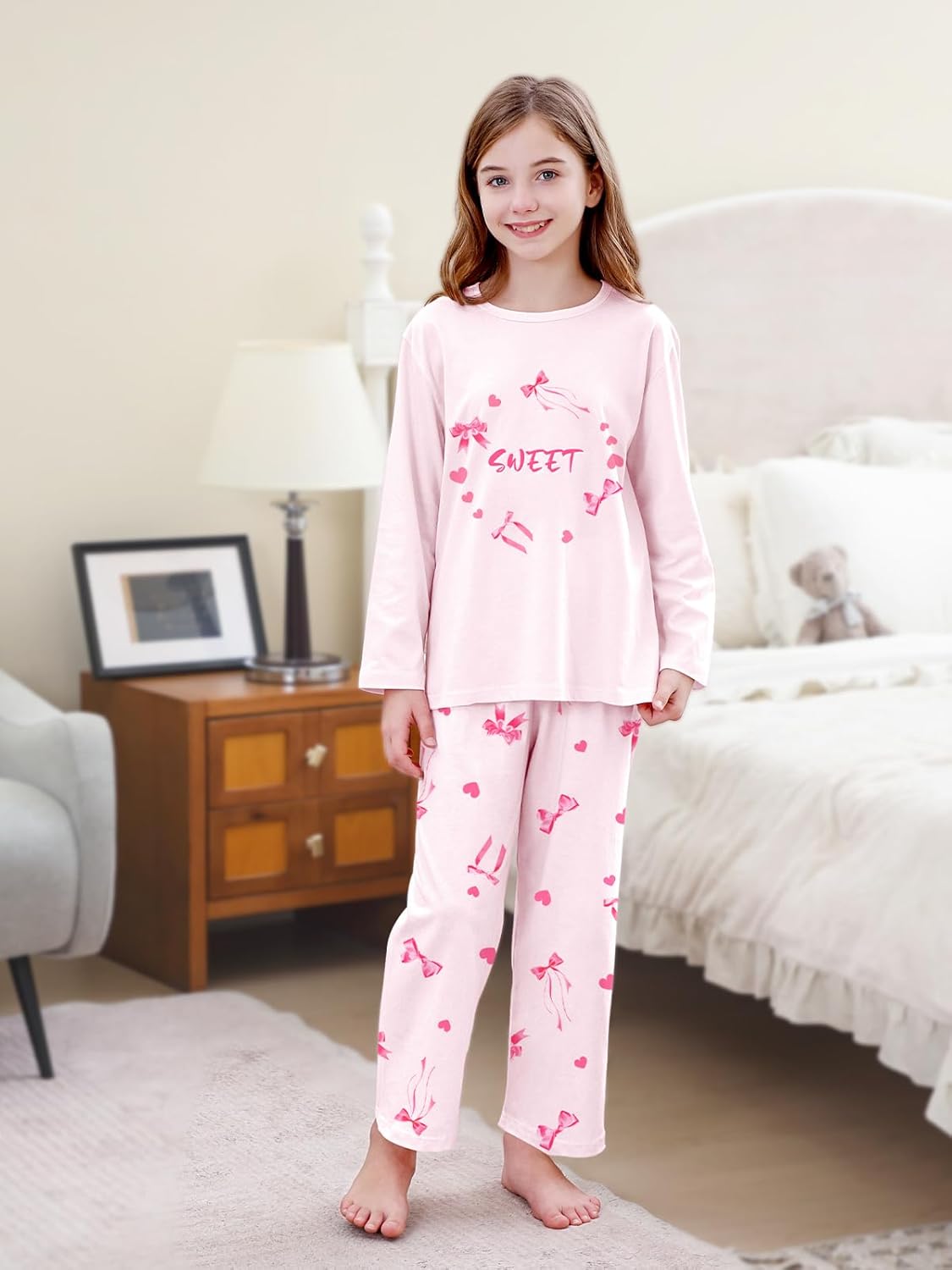 Umeyda Pajamas for Girls 100% Cotton, Long Sleeve and Pants 2PCS Soft Fit Pajama Set PJs, Pink Bowknot, 9-10 Years = Tag 150 - Image 2