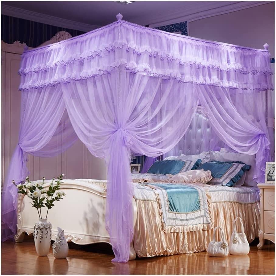 Moustiquaire de lit fille violette 4 coins pour chambre de princesse 180x220cm