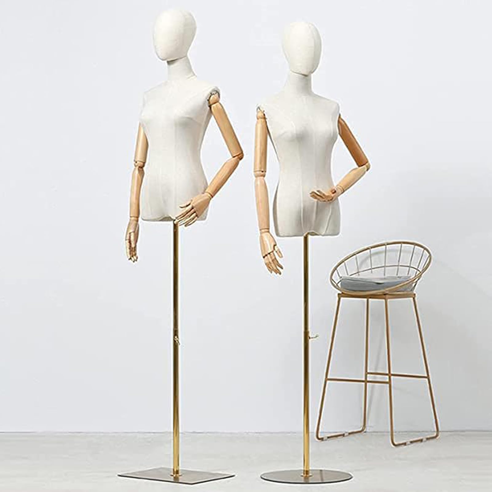 Manichino femminile a forma di busto, corpo manichino con testa staccabile, mani in legno e supporto regolabile in altezza dorato, per esposizione di gioielli, beige (oro)