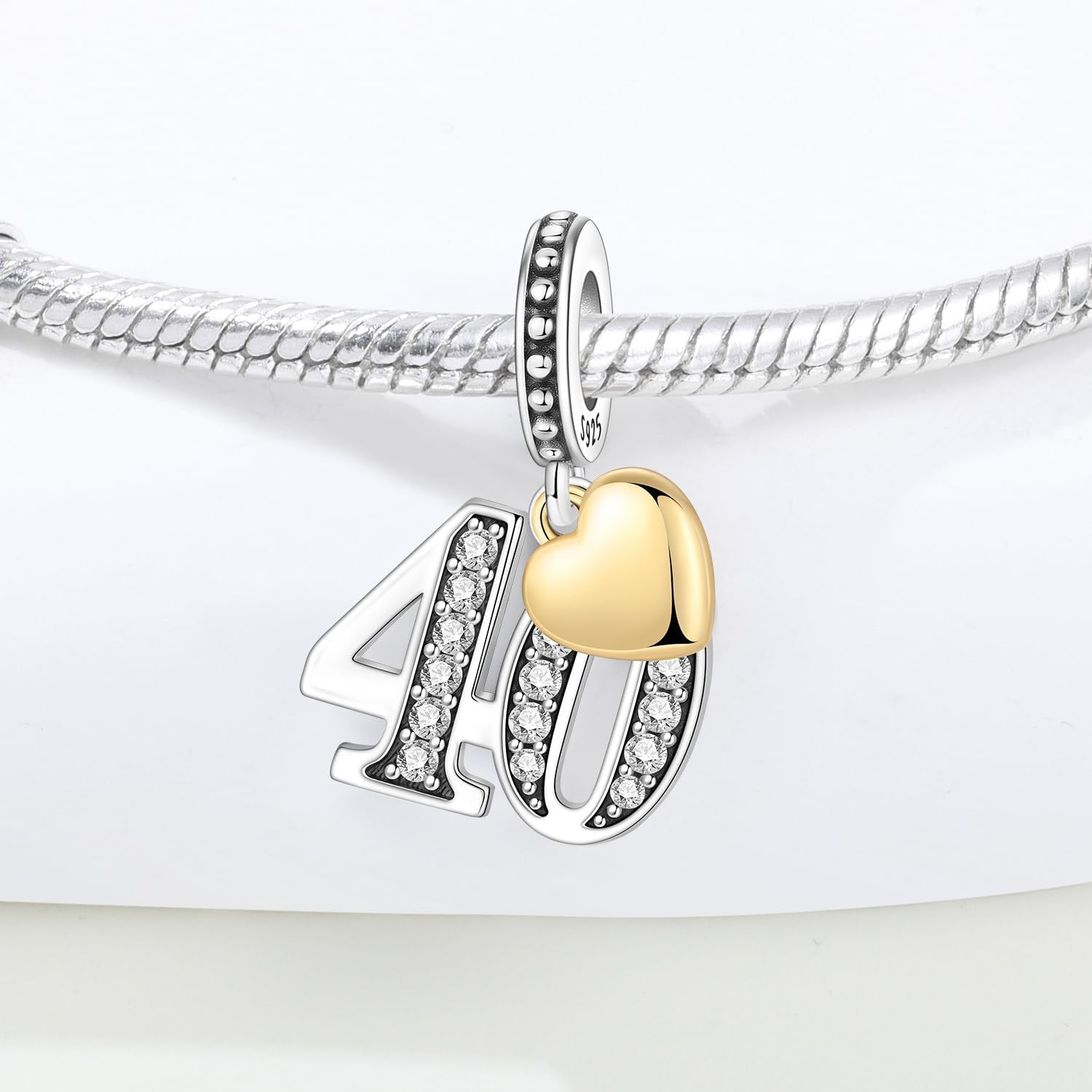 Number Charm for Bracelet & Necklace, Sterling Silver 925 with Cubic Zirconia & 18K Gold Plated Heart, Anniversary Birthday Age Gift (10 13 15 16 18 20 21 25 30 40 50 60) image 3