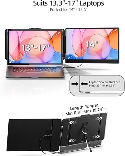 Miniatura 5 de Extensor de pantalla para laptop, 14 pulgadas, FHD 1080P IPS, extensor de monitor dual para laptop, monitor de viaje portátil Plug n Play para