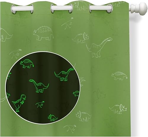 Cortinas de dinosaurio para dormitorio de niños, cortinas de dormitorio de niños, 80% opacas que brillan en la oscuridad, cortinas de ventana con