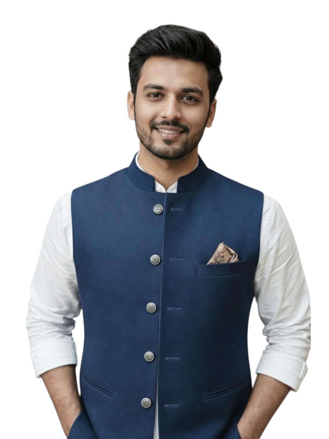 Men's Nehru Jacket, Navy Blue, Sleeveless Waistcoat, Mandarin Collar, Button Front, Ethnic Formal Wear