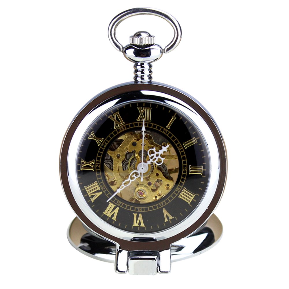 Orkina Vintage Design Silver Case Hand-Wind Mechanical Tourbillon Black Dial Pocket Watch