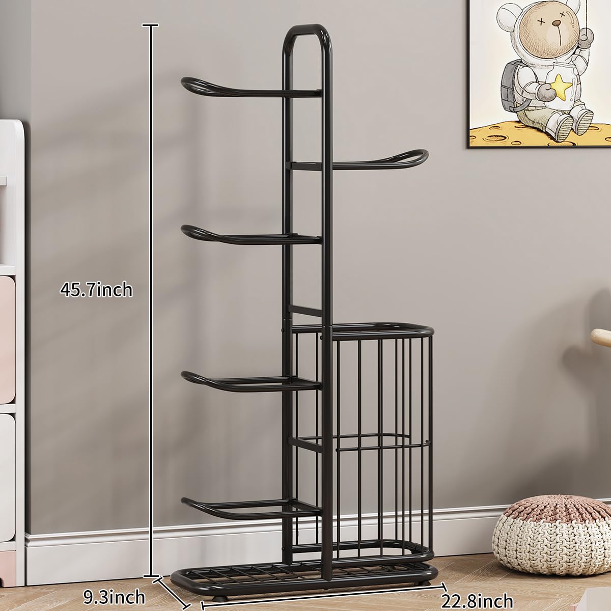 Porta Palloni Verticale Regolabile con Scaffale per 5 Palloni, in Acciaio Resistente, con Cassetto per Stoccaggio, per Basket, Calcio, Pallavolo e Altri Sport, per Garage, Altezza 116 cm