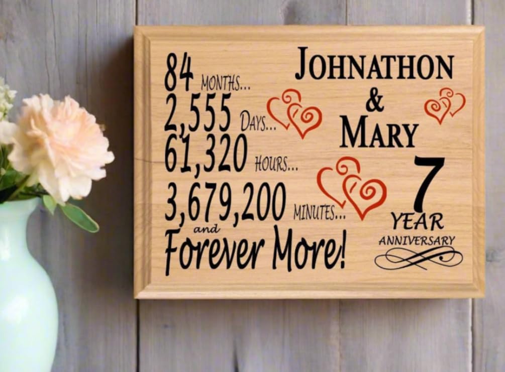 7th Anniversary Sign Gift Personalized 7 Year Wedding Anniversary Present for Wife Husband Couple - Solid Wood - Made in the USA