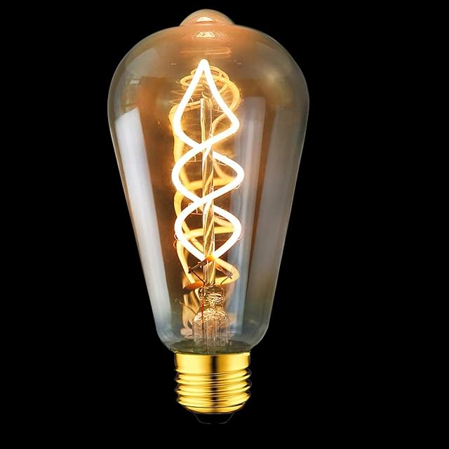 E27 Vintage Light Bulbs Edison Screw Bulb Dimmable ST64 E27 Spiral Flexible LED Filament Bulb,Ra>95 Decorative LED Bulbs Amber Glass Warm White 2200K,No Flicker 4W 40W Equivalent Energy Saving-1 Pack