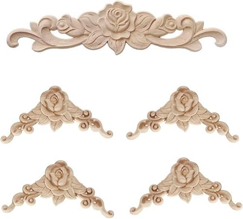 Miniatura 6 de 5 piezas de apliques de madera tallada en madera Onlays Onlays DIY tallados muebles apliques Onlays sin pintar centro tallado calcomanía para puerta