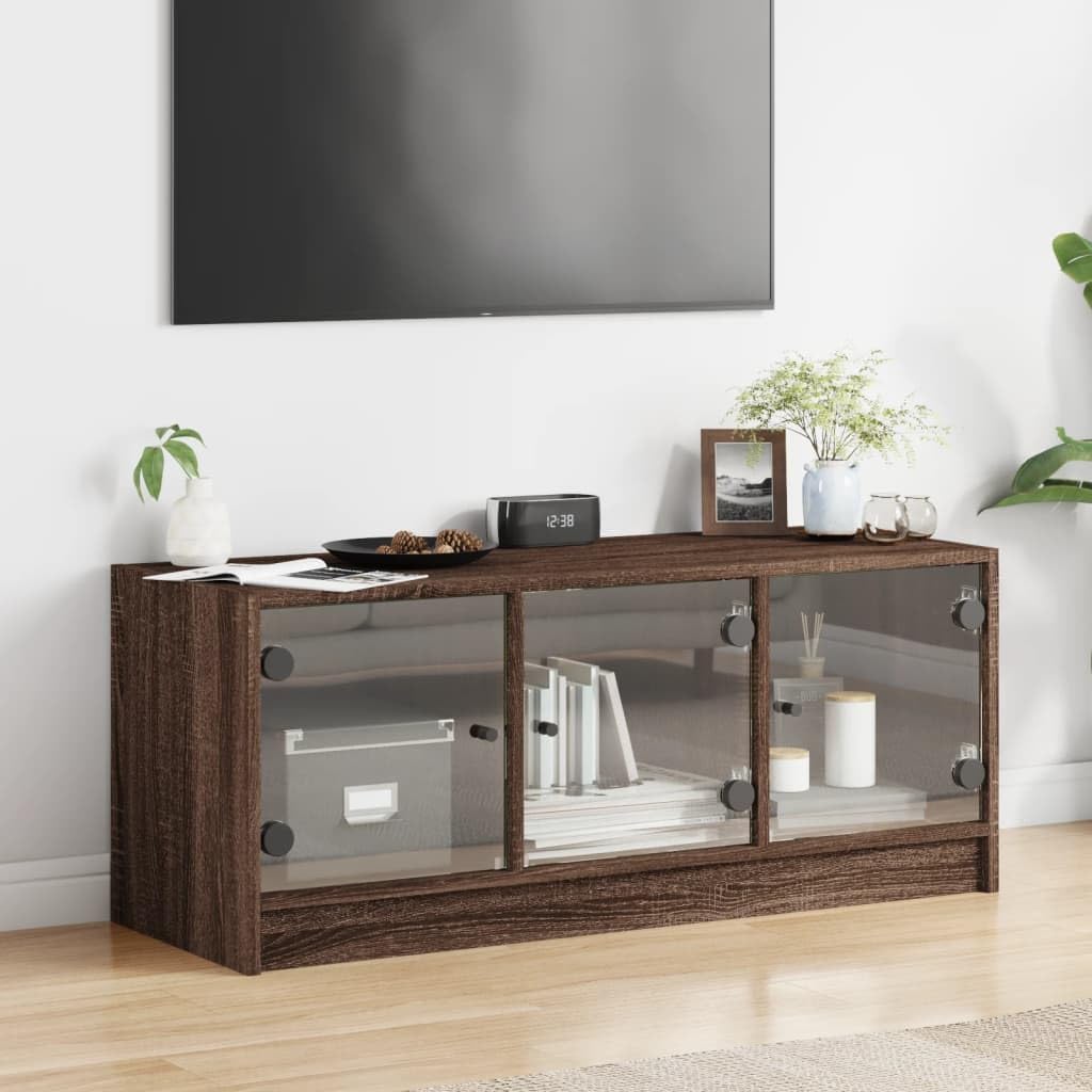 Mobile Porta TV con Ante in Vetro Rovere Marrone 102x37x42 cm Mobili Tv Soggiorno Tavolino Porta Tv Mobile Basso Tv Mobiletto Tv Basso per Camera Studio Cucina Soggiorno Camera Da Letto