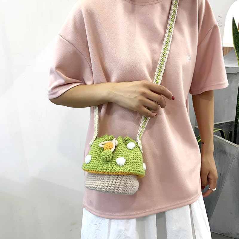 Handmade Knitted Purse Wool Knitted Mushroom Shoulder Bag for Women Crossbody Bucket Bag with Drawstring - Image 3