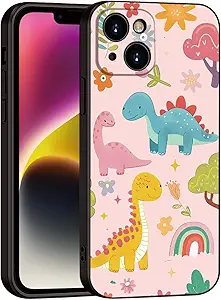 for iPhone 15 Case Dinosaur Cartoon Cute Pink Phone Case - 3 Colorful Dinosaurs with Flowers & Rainbow Design, Playful & Stylish Protective Cover for Girls & Women (B1-Cartoon Cute Dinosaurs)