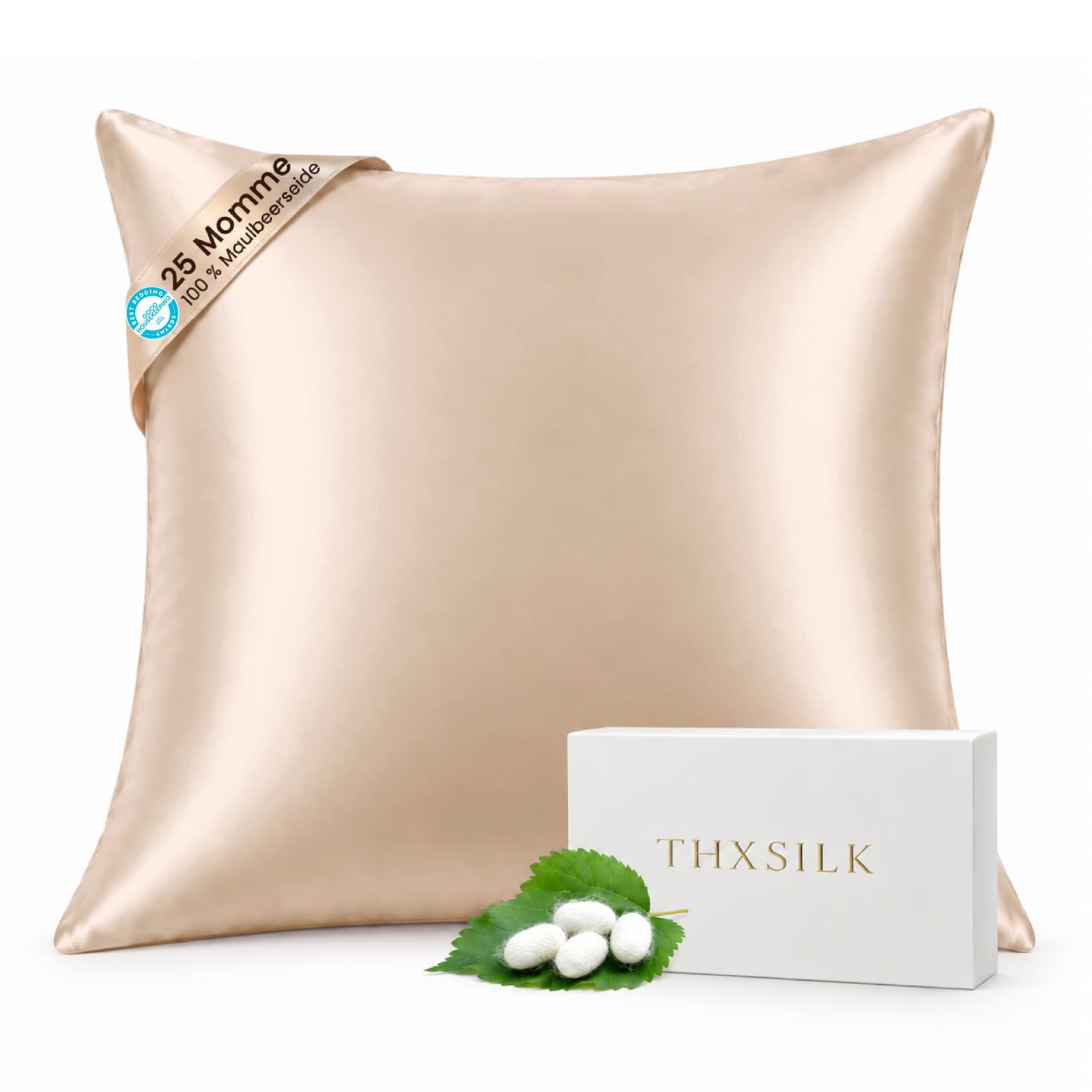THXSILK 25 Momme Seide Kissenbezug für Haar und Haut - Maulbeerseide Kissenbezug - Hypoallergen mit Versteckter Reißverschluss - Pure Seide auf Beide Seiten … (Champagner, 45x45cm)