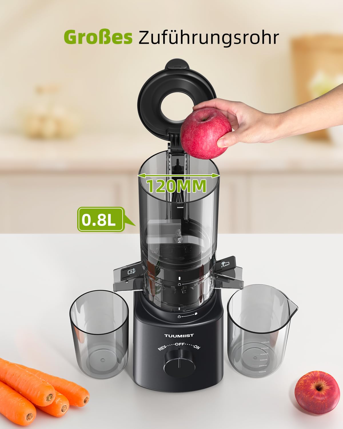 TUUMIIST Entsafter Slow Juicer mit 120 MM kleinem Einfüllschacht, Entsafter Gemüse und Obst Testsieger - Kompakter Saftpresse für den Persönlich, Leicht zu Reinigen, Hohe Saftausbeute