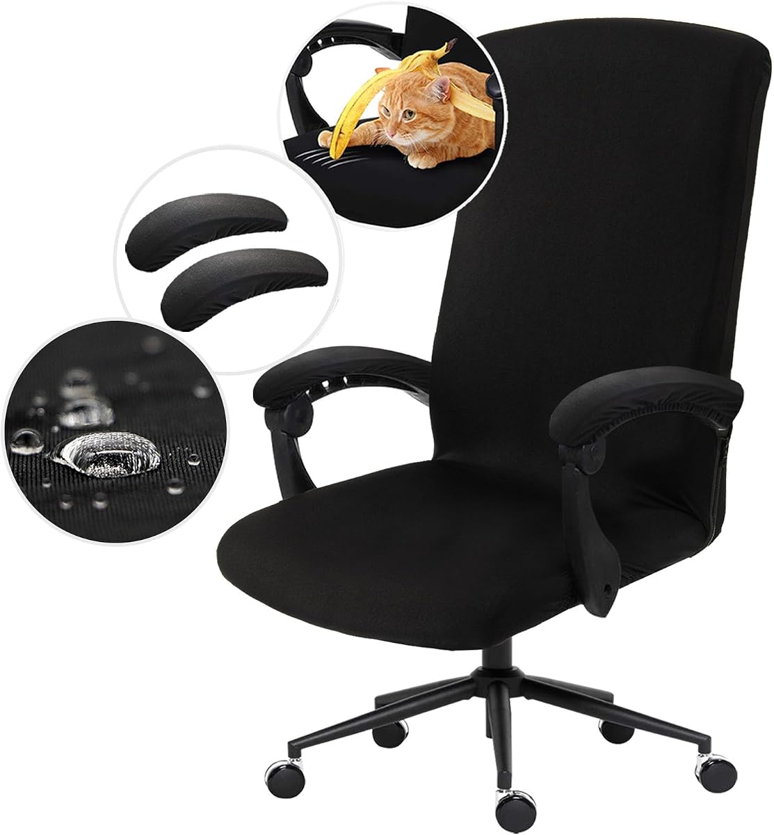 Water Resistant Stretch Computer Office Chair Cover with Armrest Covers Durable Zipper Universal Washable Removable Spandex Rotating Boss Chair Slipcovers Anti-dust Soft Desk Chair Seat Protector