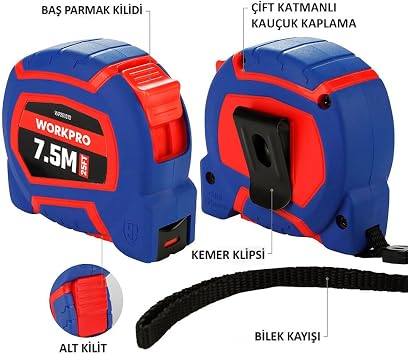 WORKPRO WP261010 7,5Mx25mm/25Ft. Naylon Kaplama Sarı Çelik Şerit Metre