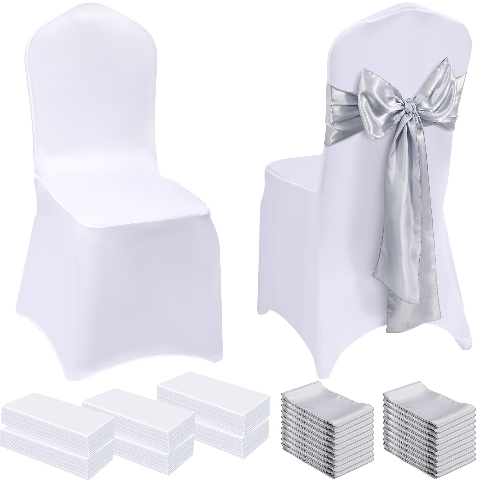Mepase 100 Pcs Wedding Chair Covers 50 Stretch Spandex Chair Covers with 50 Decorative Elastic Chair Sash Silk Chair Bows for Wedding Banquet Dining Kitchen Party Decoration(Silver Gray, White)