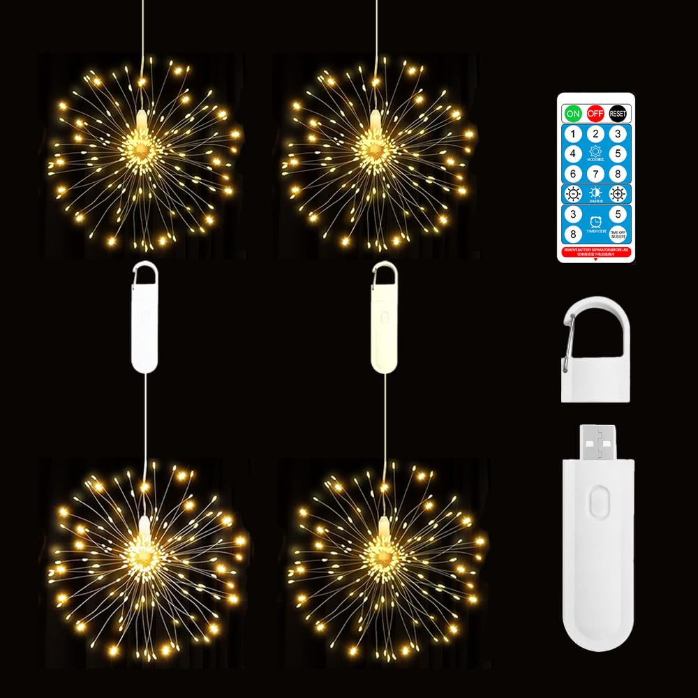 Feuerwerk Lichter, 240LEDS/480 LEDs USB-betriebene hängende Feuerwerklichter mit 8 Modi, Fernbedienung, Draht hängende Feuerwerk Lichter für Garten Hof Baum Dekor Weihnachtsdekoration (4)