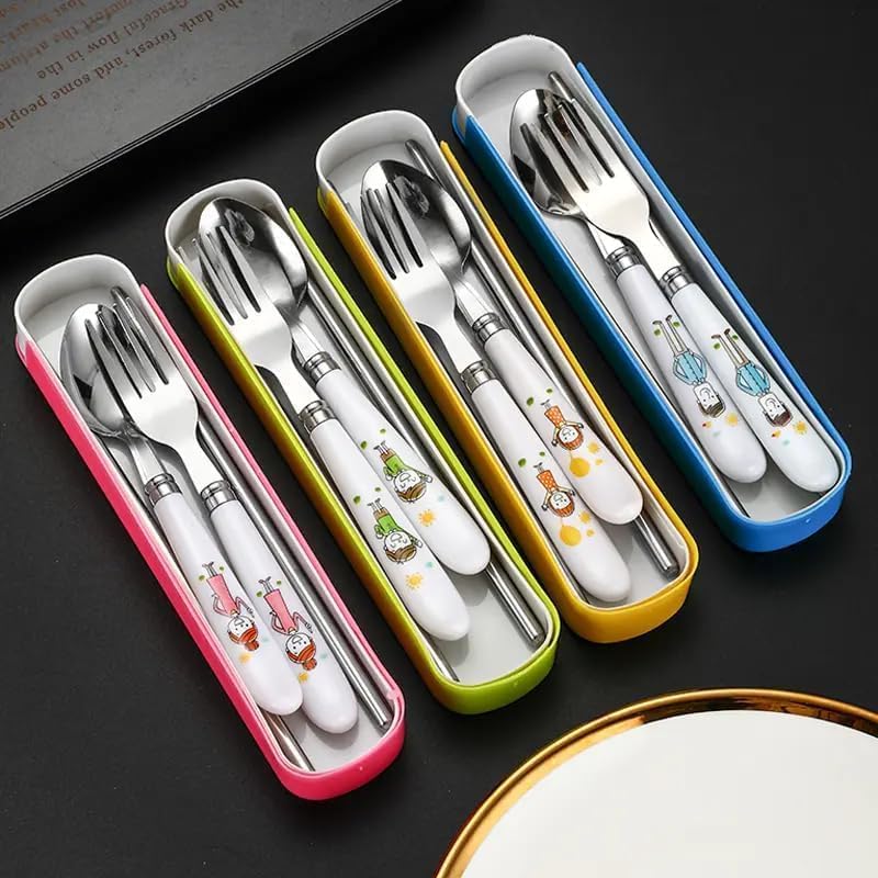 Image of Portable Kids Spoon Fork Set 1 - 4pcs Bpa Free Stainless Steel Cutlery Set with Cute Handles -Ideal for Lunchbox & School, Travel Box-Ideal Gift for Students- Multicolor