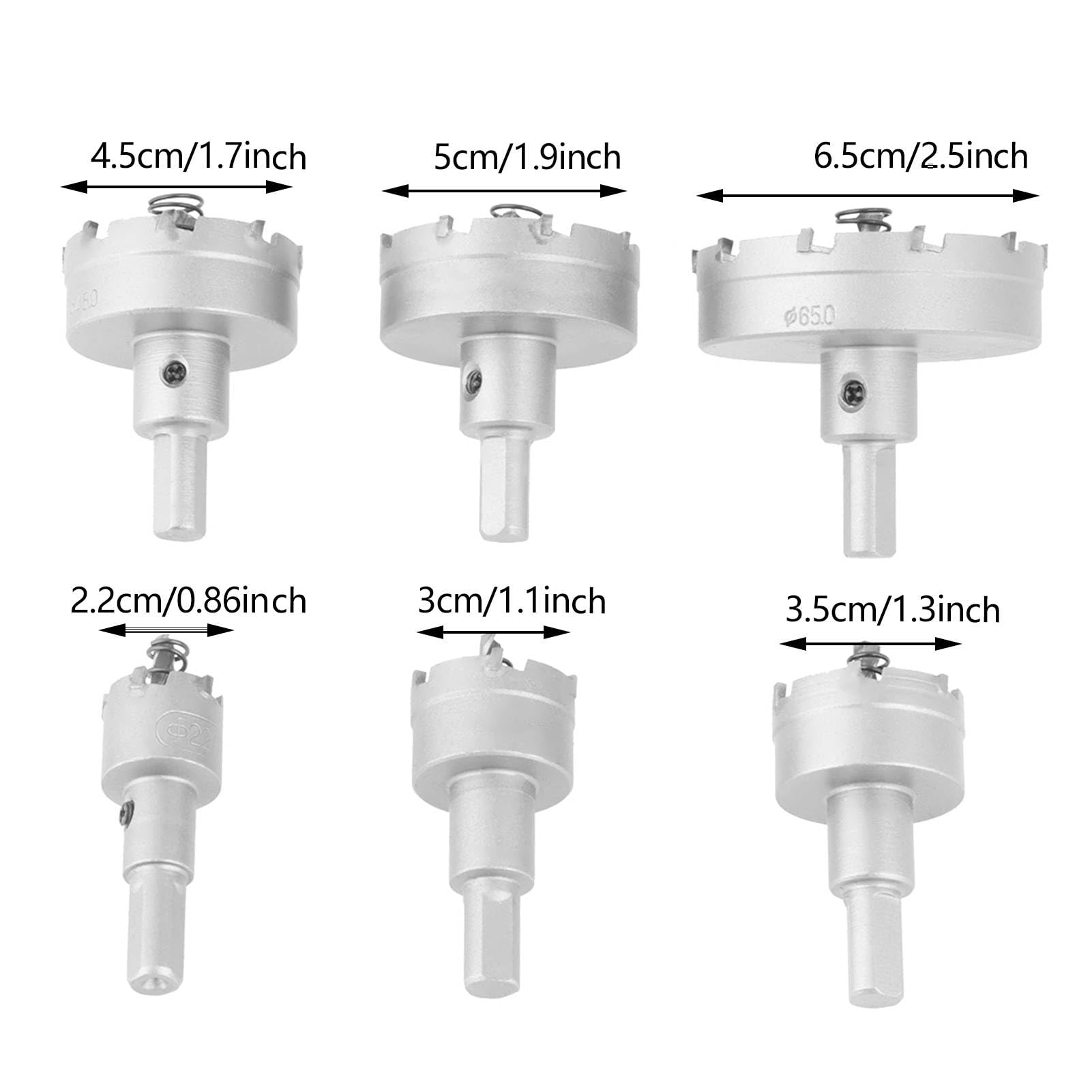 6-częściowy zestaw otwornic z węglika spiekanego do obróbki metalu - zawiera rozmiary 22 mm, 30 mm, 35 mm, 45 mm, 50 mm i 65 mm - narzędzia tnące do cienkiej stali stopowej
