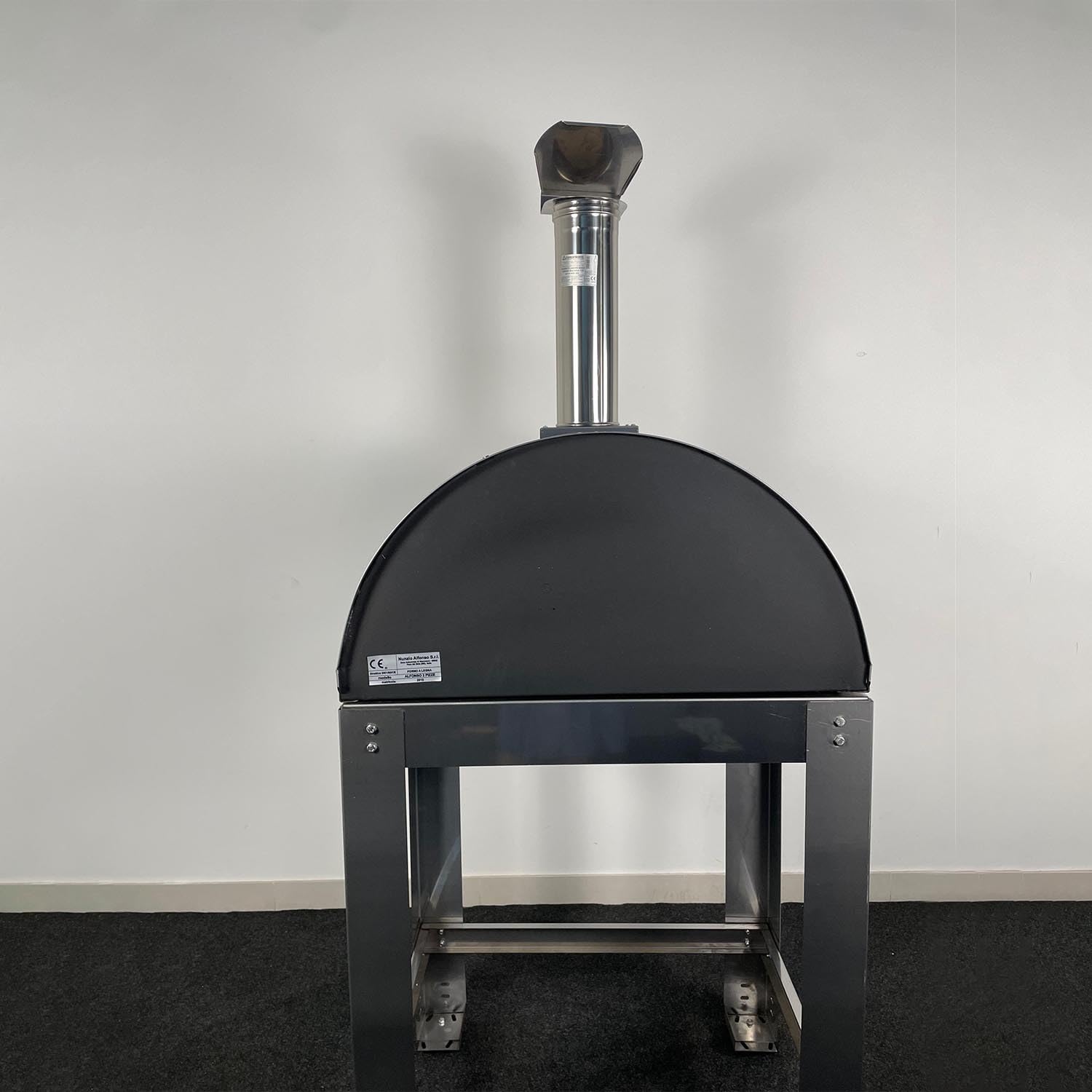 Forno a legna da esterno Per Pizza, Pane, focaccia Alfonso 2 Pizze Con Carrello Antracite, mattoni refrattari, biscotto 3 cm, portina acciaio inox e pirometro 500 gradi, cottura diretta, Made In Italy