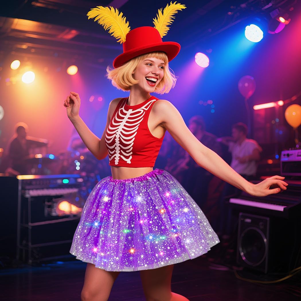 Florry Light Up Tutus Glow Tutu Skirt Neon LED Tulle Tutu Stars Halloween Party Carnival Costume for Women Adults