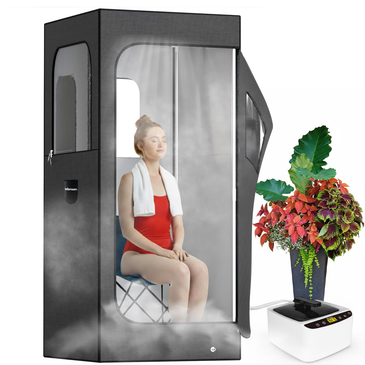 Adamson Sauna Indoor - Tragbare Dampfsauna für zu Hause - Saunazelt für Entspannung im heimischen Spa - 2.6L 1000W Dampfgerät - Stuhl - Fernbedienung - Fußmassagegerät - Nylon schwarz
