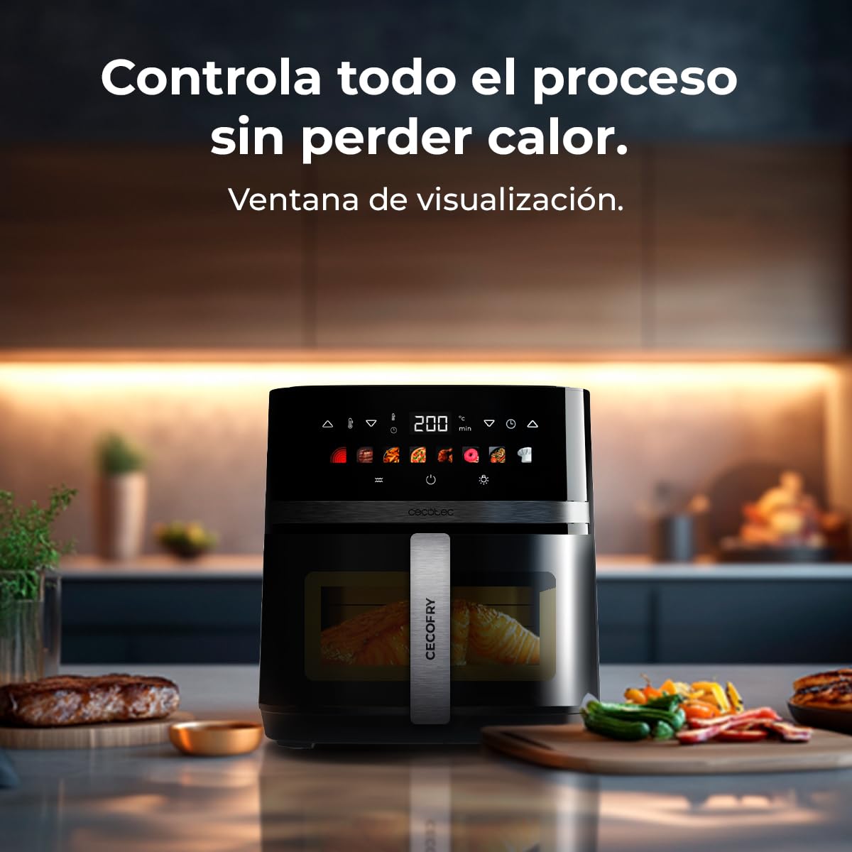 Cecotec Freidora de Aire sin Aceite de 8L con Doble Resistencia, Plancha, Grill, Air Fryer Cecofry&Grill Duoheat 8000. 2200W, Dietética y Digital, Ventana, Temperatura Regulable 80-200°C, 8 Menús