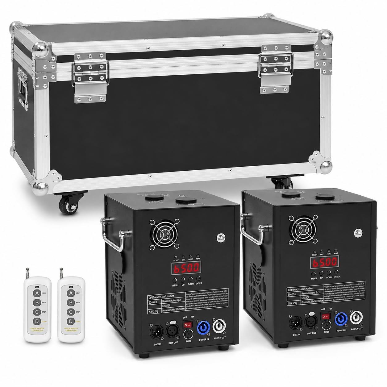 Pyrotechnikmaschine 2er Set mit Flightcase, 750W Kaltfeuerwerk Funkenmaschine DMX512 & Fernbedienung, Höhenverstellbare Bühnenmaschine für Hochzeit Party DJ Konzert, Schwarz