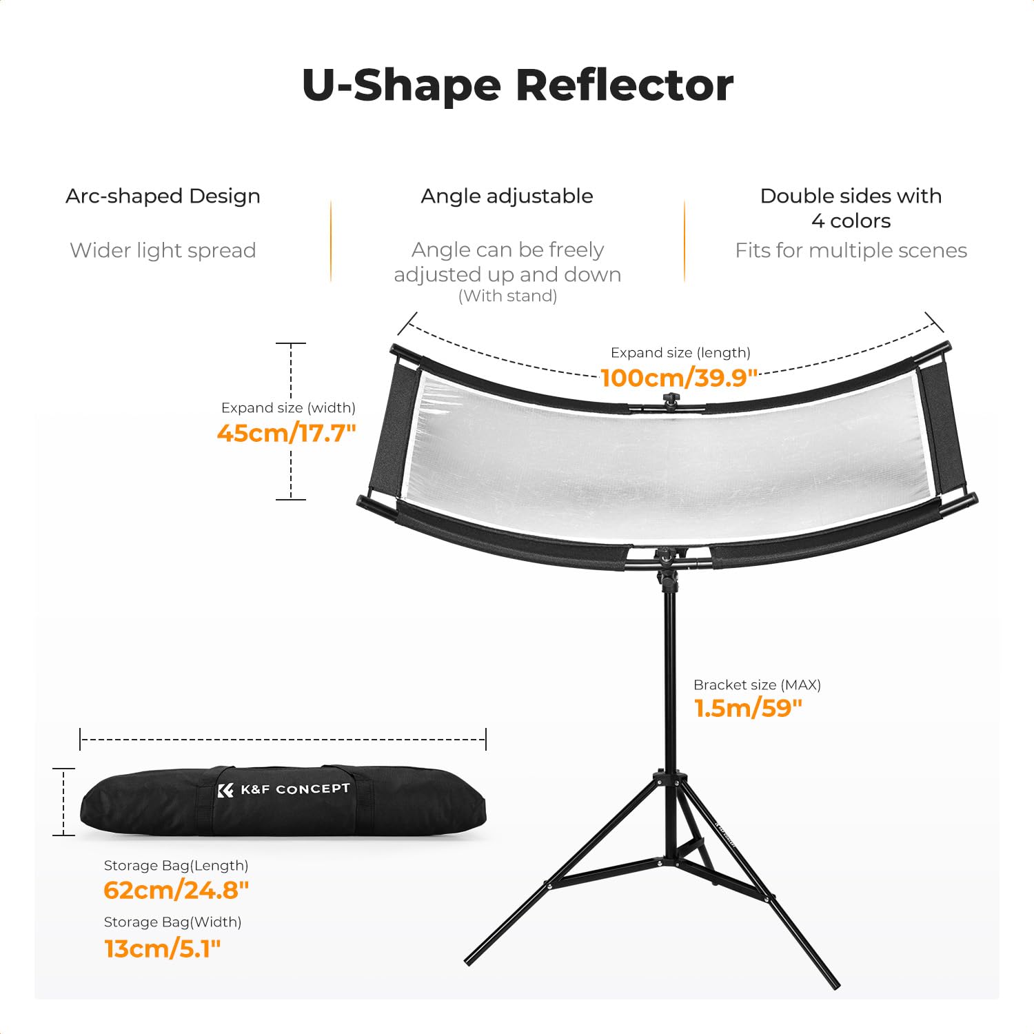 K&F CONCEPT Riflettore curvo U-Reflector 100x45cm con riflettore 4 in 1, nero/oro/bianco/argento, con supporto da 1,5 m, con custodia, adatto per studi fotografici