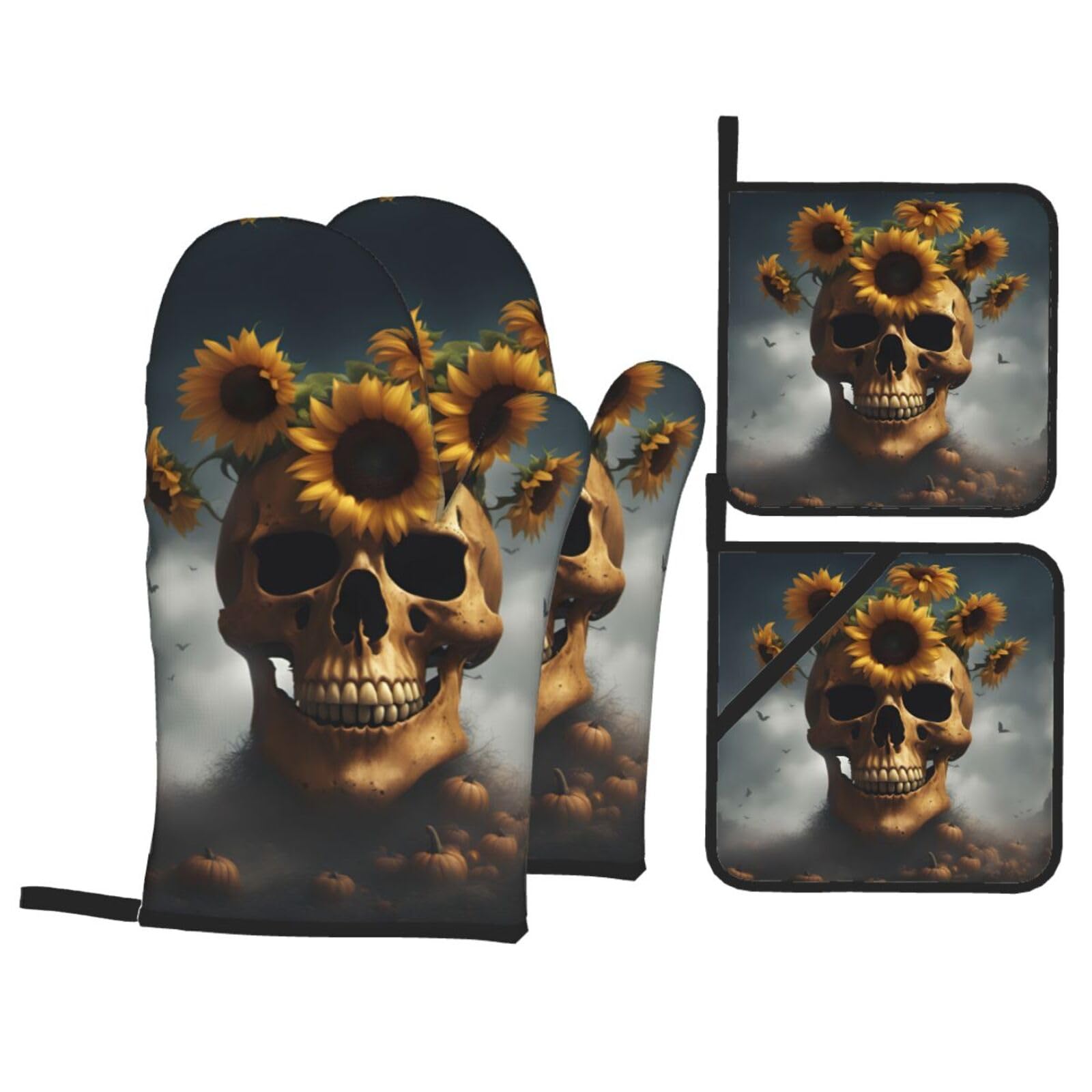 Nimongt Black Sunflower Halloween Skull Print Heat-Resistant 4-Piece Oven Kitchen Gloves For Baking Cooking Microwaving Essentials