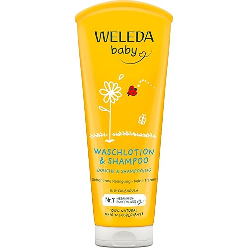 WELEDA Bio Calendula Baby Waschlotion & Shampoo - veganes Naturkosmetik Duschgel zur Hautpflege / Haarpflege bei Neugeborenen. Babypflege Dusche für empfindliche Haut, mild zu den Augen (1x 200ml)