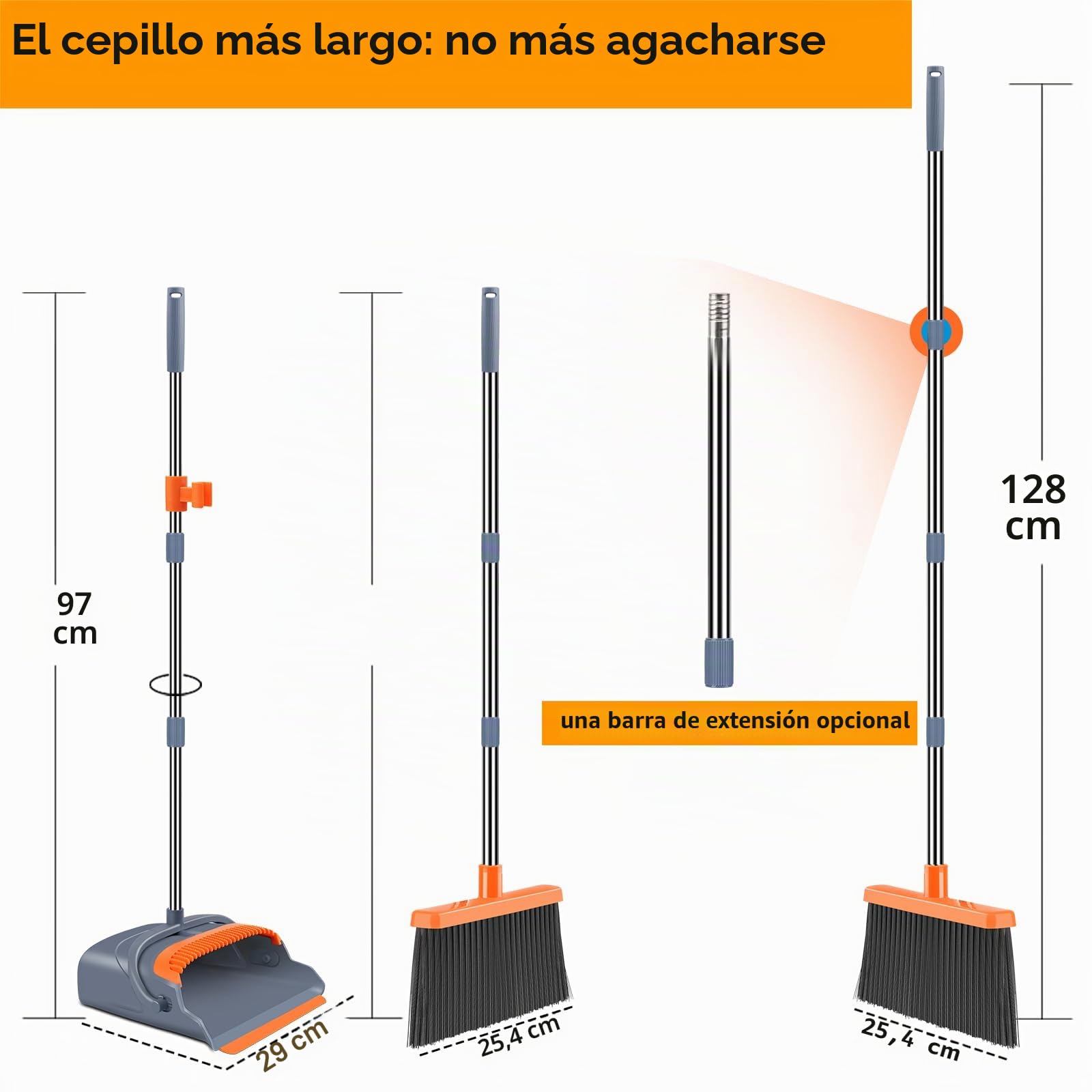 Juego de Escoba y recogedor para el hogar, Mango súper Largo, recogedor Vertical para el hogar, habitación, Cocina, Oficina, vestíbulo, Uso en Suelo al Aire Libre (Gris y Naranja)