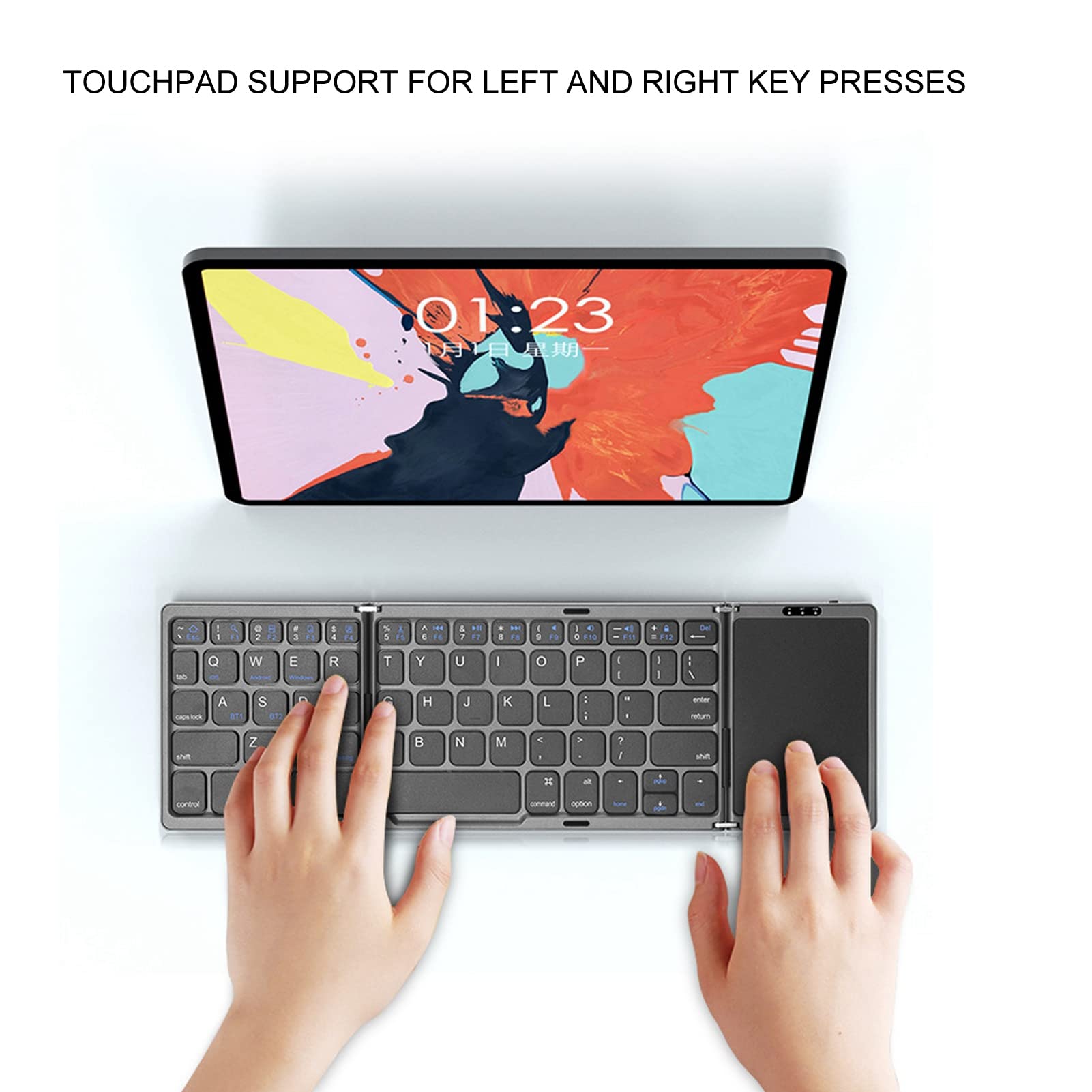 B089T Składana Klawiatura, Potrójnie Składana Przenośna Bezprzewodowa Klawiatura z Touchpadem, 64 Klawisze USB C Klawiatura Komputerowa dla Androida Laptop Tablet (Szary)