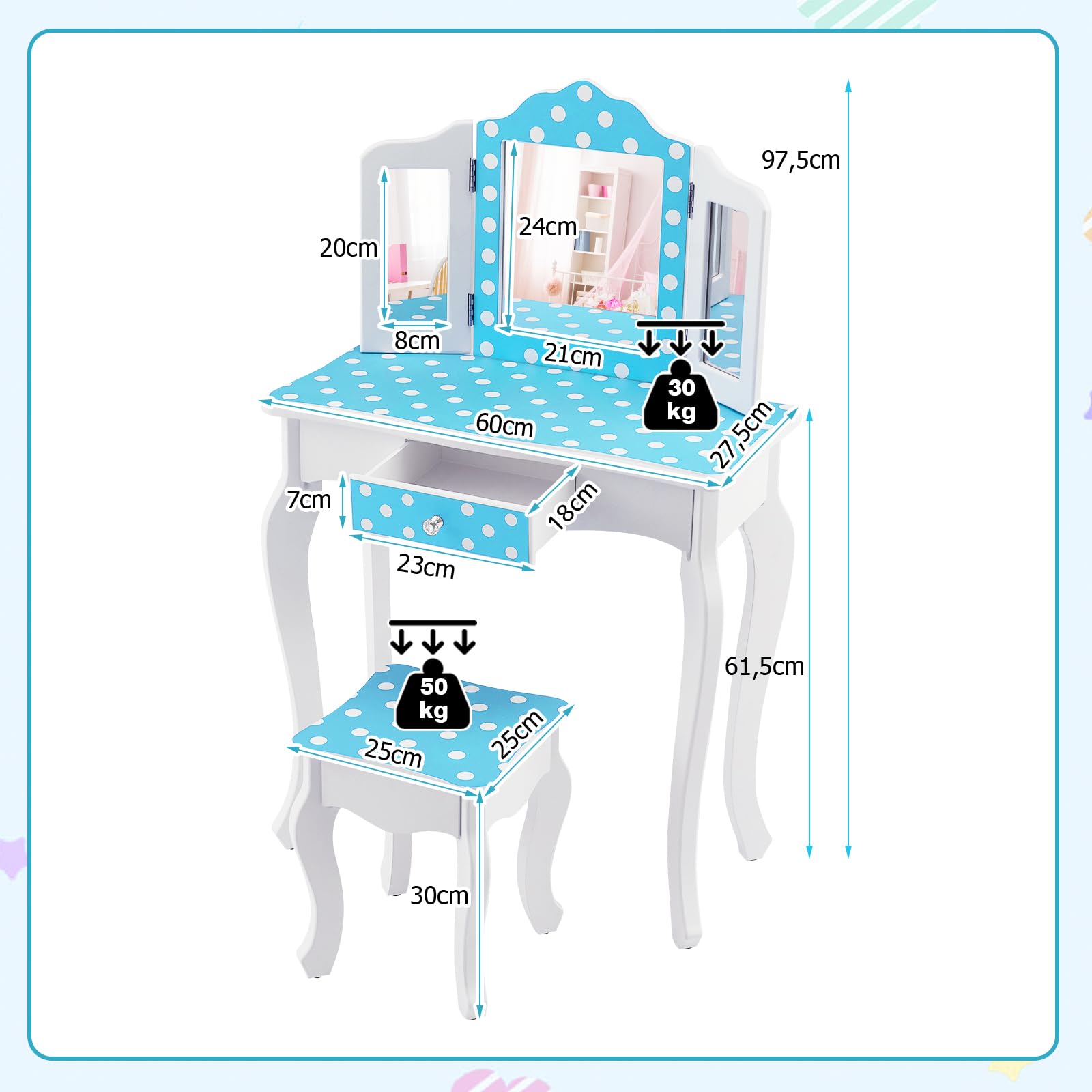 DREAMADE 2 in 1 Schminktisch Kinder mit Hocker und Abnehmbarer Spiegel, Prinzessin Frisiertisch mit Schublade Kosmetiktisch aus Holz, Kinderschminktisch für mädchen (Pünktchenmuster-Blau)