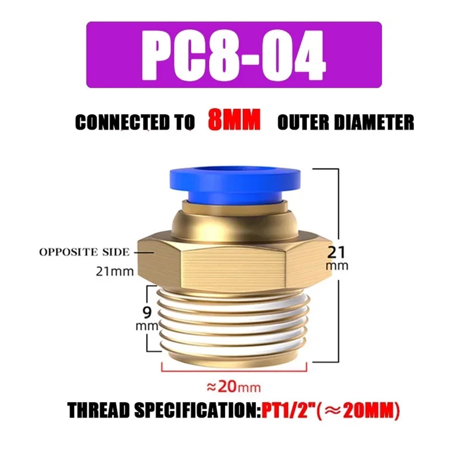 10 PZ Connettore Aria Pneumatica Raccordo PC 4/6/8/10/12mm Filettatura 1/8 "1/4" 3/8 "1/2" Raccordi for Tubi Flessibili Connettori Rapidi(PC8-04)